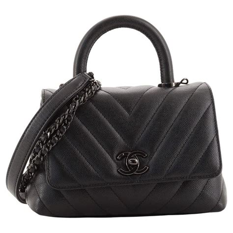 Chanel So Black Coco Top Handle Bag Chevron Caviar Small Black